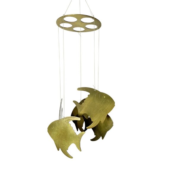 Vintage Brass 5 Tropical Fish Outdoor Wind Chime Made in Taiwan - Picture 3 of 8